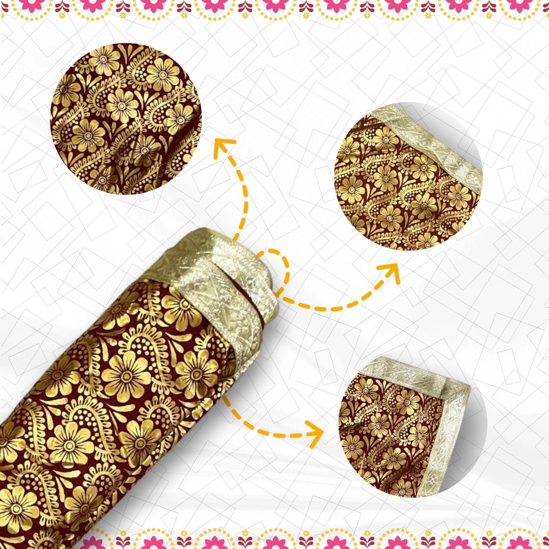 Golden Floral Design Brown Pooja Aasan with Silver Border pattern view