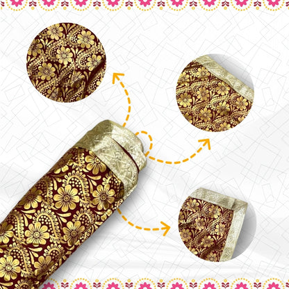 Golden Floral Design Brown Pooja Aasan with Silver Border pattern view