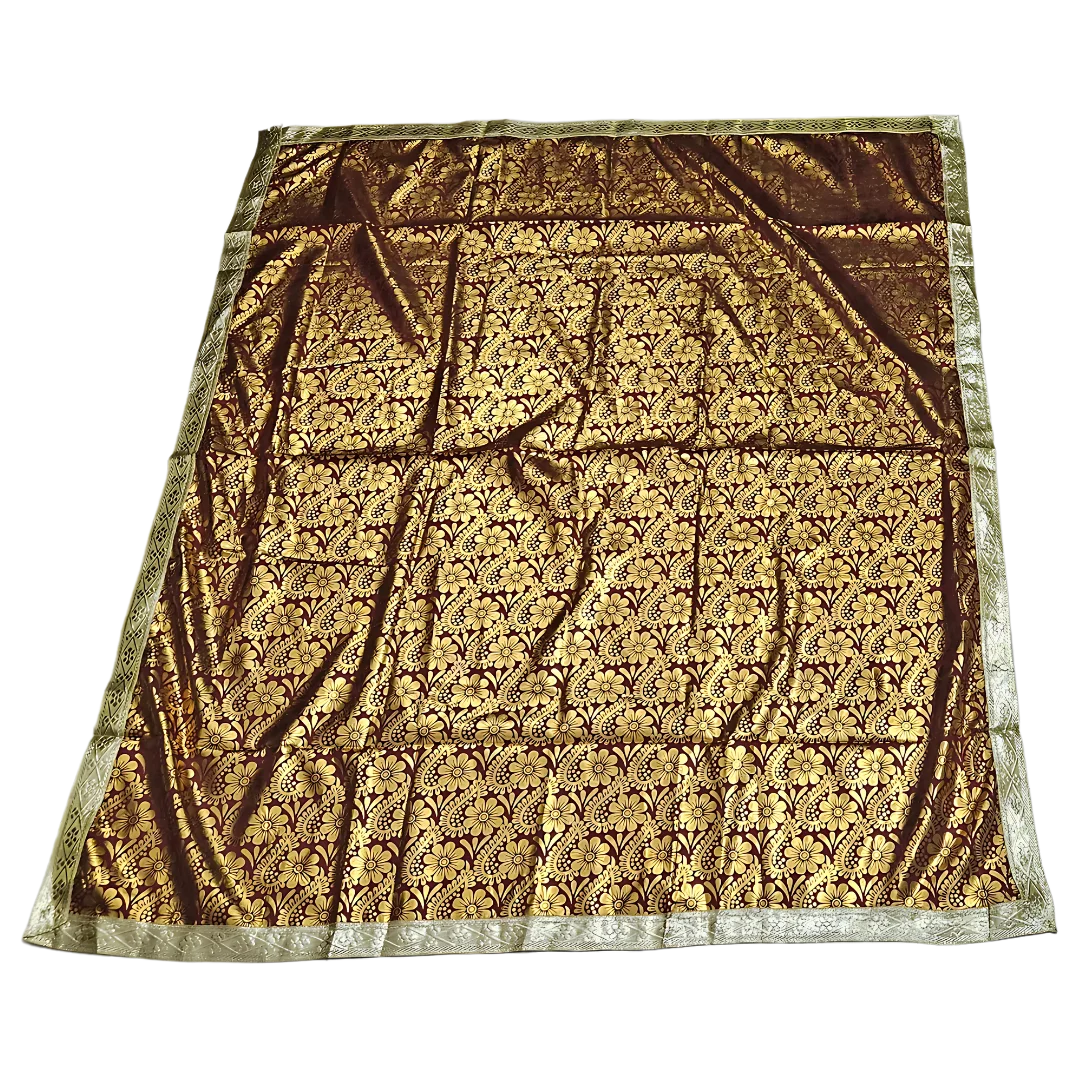 Golden Floral Design Brown Pooja Aasan with Silver Border