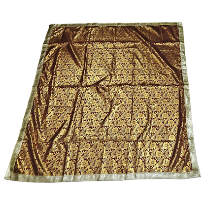 Golden Floral Design Brown Pooja Aasan with Silver Border top view
