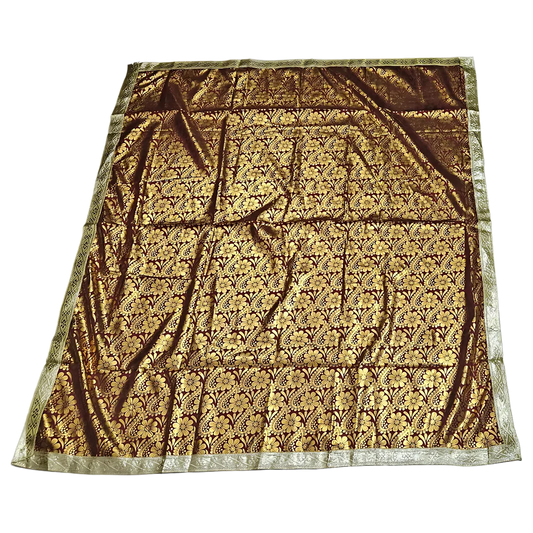 Golden Floral Design Brown Pooja Aasan with Silver Border top view