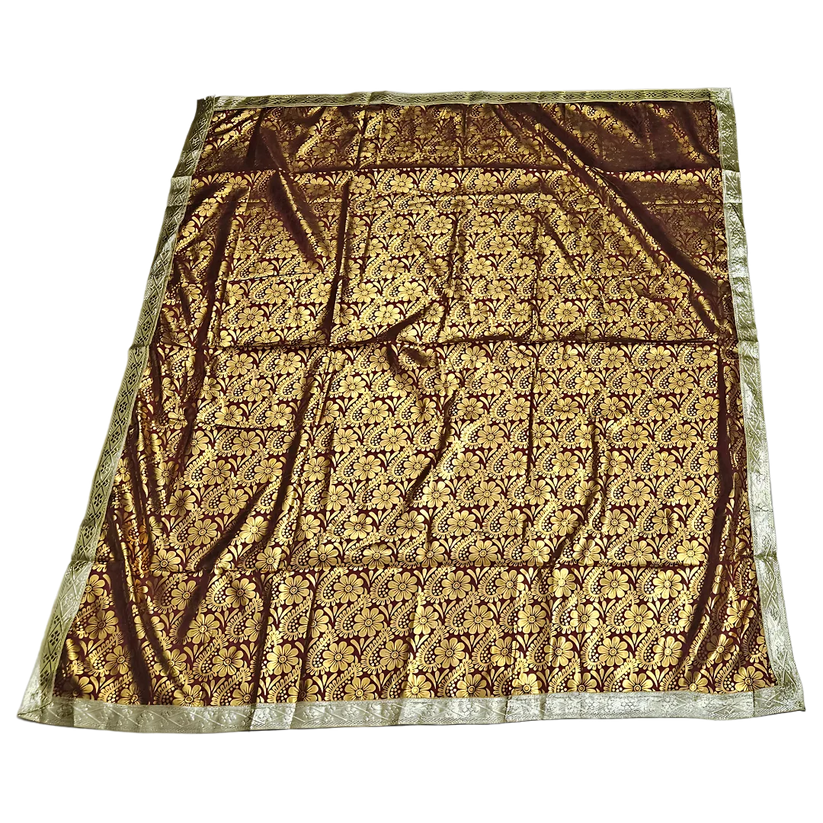 Golden Floral Design Brown Pooja Aasan with Silver Border