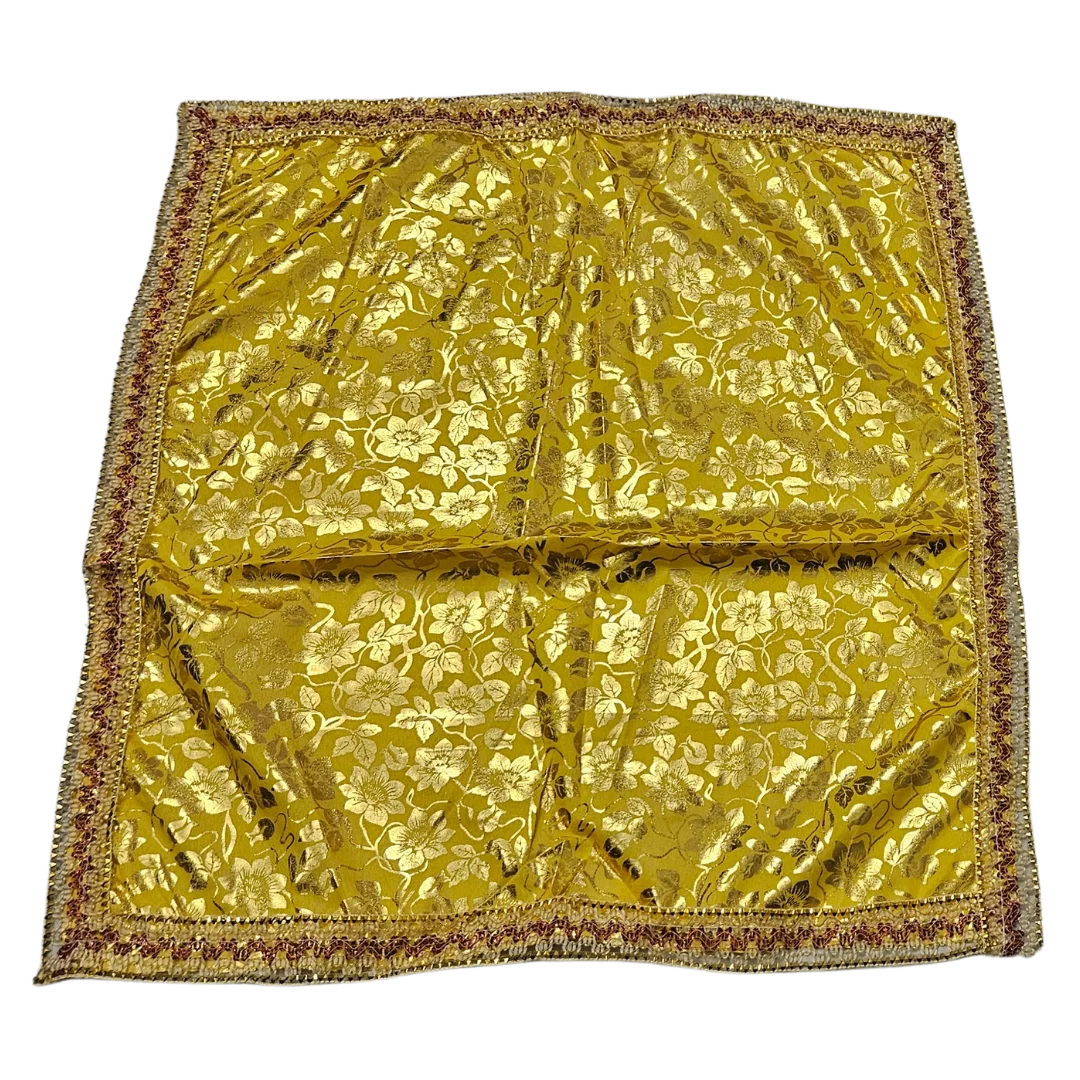 Golden Floral Pooja Aasan with Lace Border top view