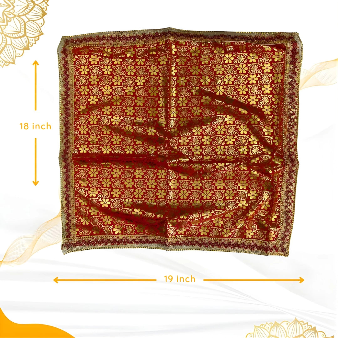 Golden Floral Print Red Satin Pooja Aasan dimensions image