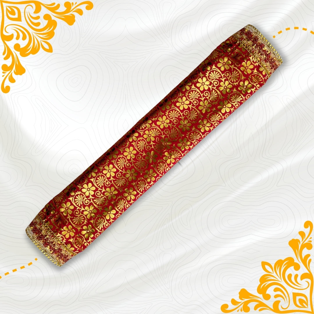 Golden Floral Print Red Satin Pooja Aasan fold  view 