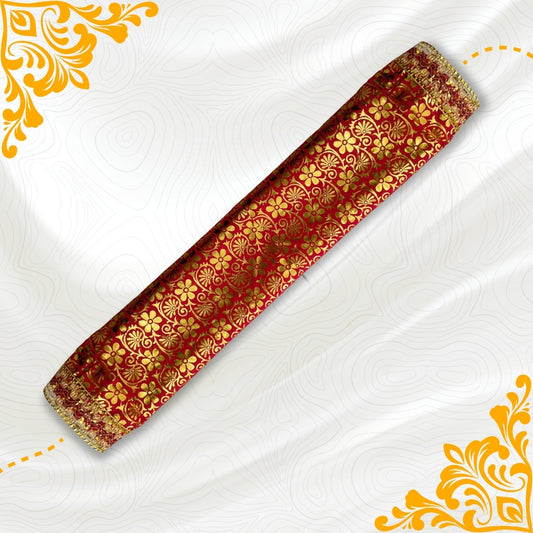 Golden Floral Print Red Satin Pooja Aasan fold  view 