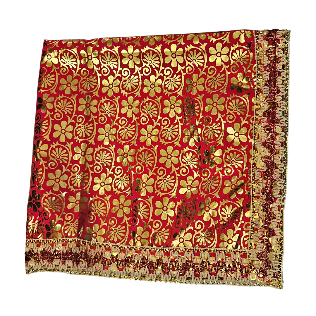 Golden Floral Print Red Satin Pooja Aasan fold view