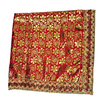 Golden Floral Print Red Satin Pooja Aasan fold view
