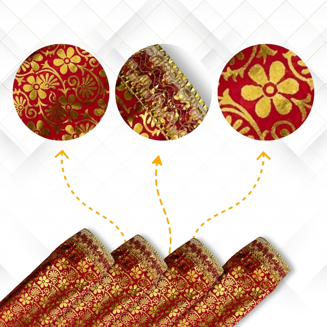 Golden Floral Print Red Satin Pooja Aasan pattern  view