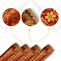 Golden Floral Print Red Satin Pooja Aasan pattern  view
