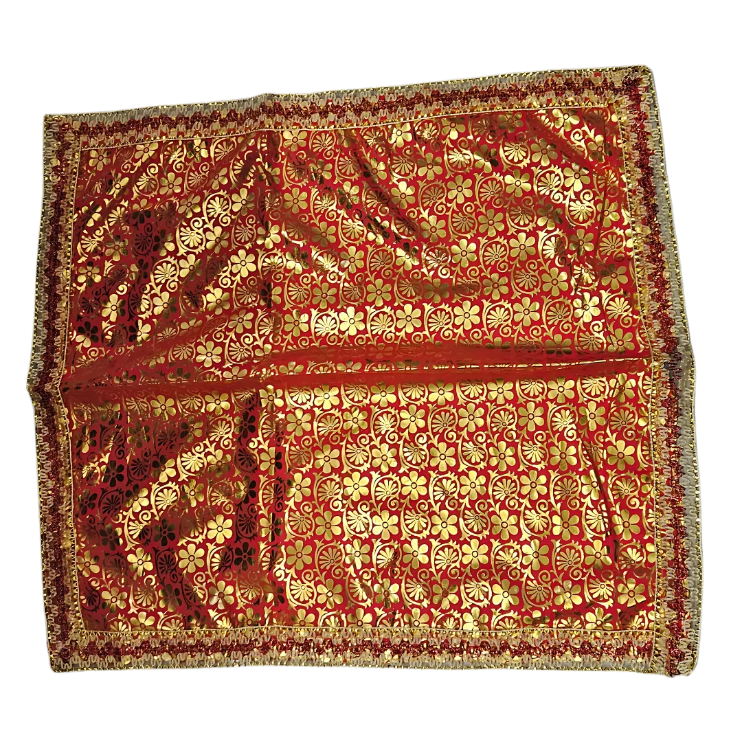Golden Floral Print Red Satin Pooja Aasan