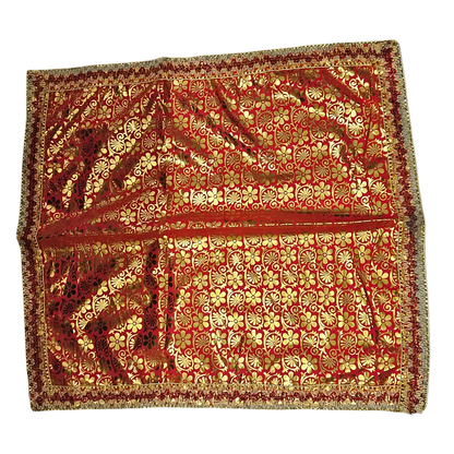 Golden Floral Print Red Satin Pooja Aasan top view
