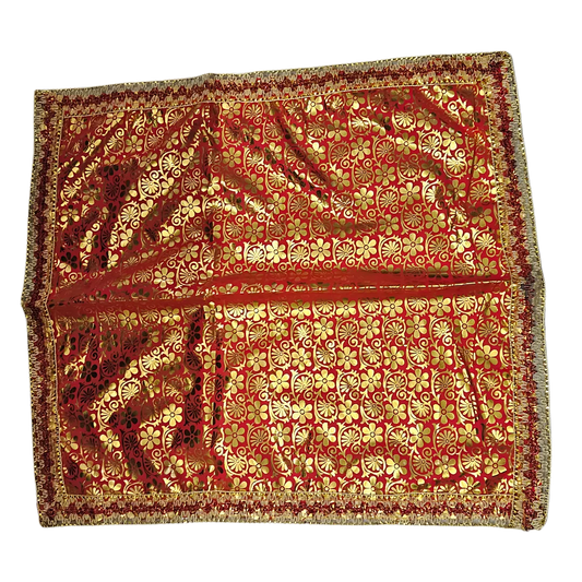Golden Floral Print Red Satin Pooja Aasan top view