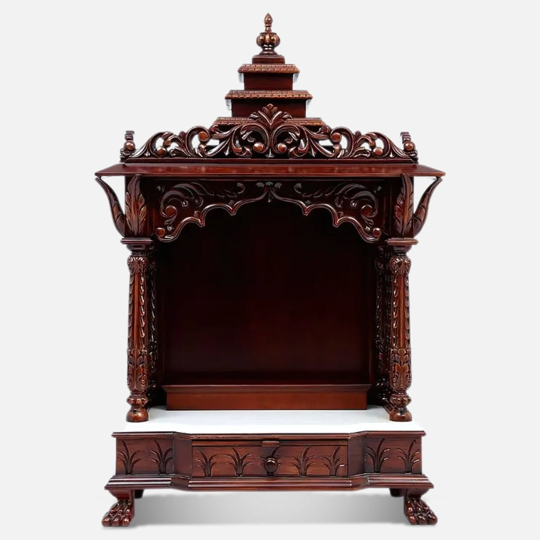 Hiranya Teak Wood Mandir (Brown) front view 
