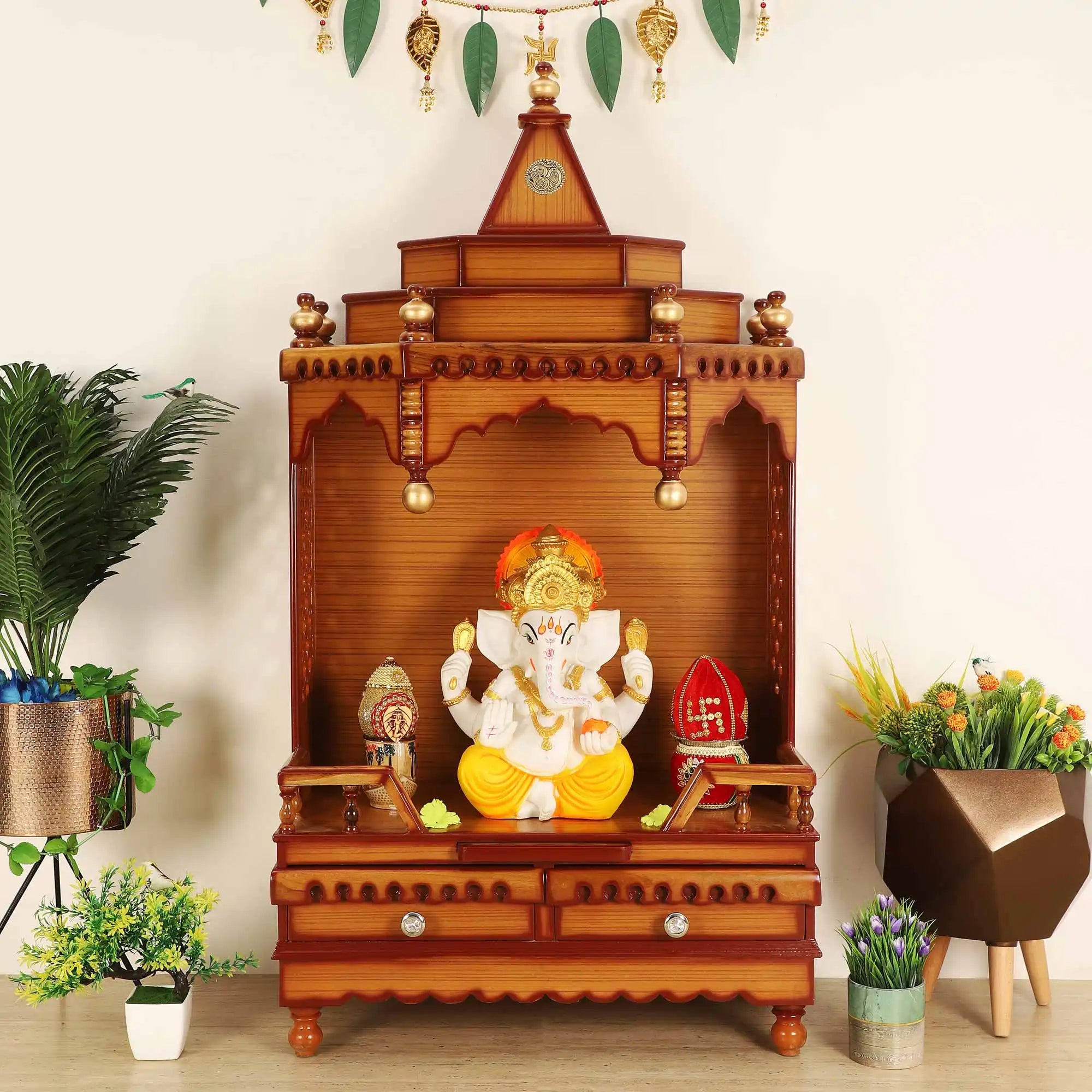Brahma Sthana Medium Floor Rested Pooja Mandir (Teak Gold)