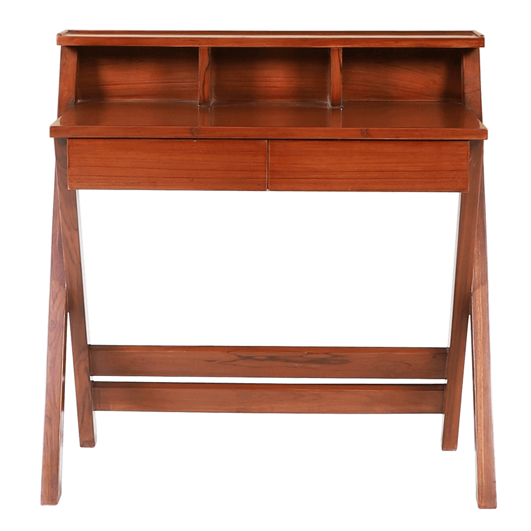 Wisdom Solid Wood Writing Table in Teak color front view