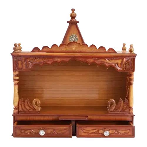 SukhatMan Large Wall Mount Pooja Mandir/Wooden temple in Teak Color 45° front view open drawers