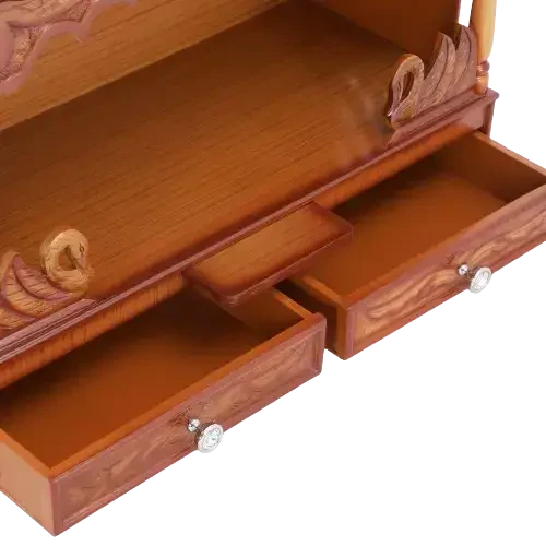 SukhatMan Large Wall Mount Pooja Mandir/Wooden temple in Teak Color Zoom view open drawers