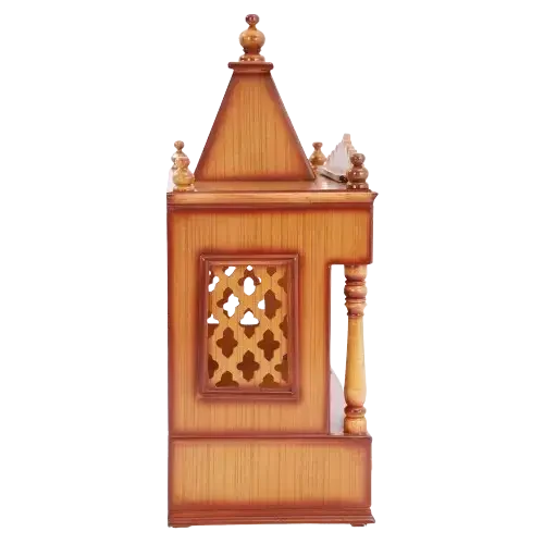 SukhatMan Large Wall Mount Pooja Mandir/Wooden temple in Teak Color side view featuring jali design and Pillars