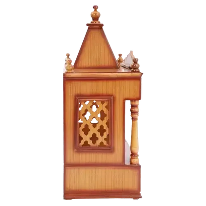 SukhatMan Large Wall Mount Pooja Mandir/Wooden temple in Teak Color side view featuring jali design and Pillars