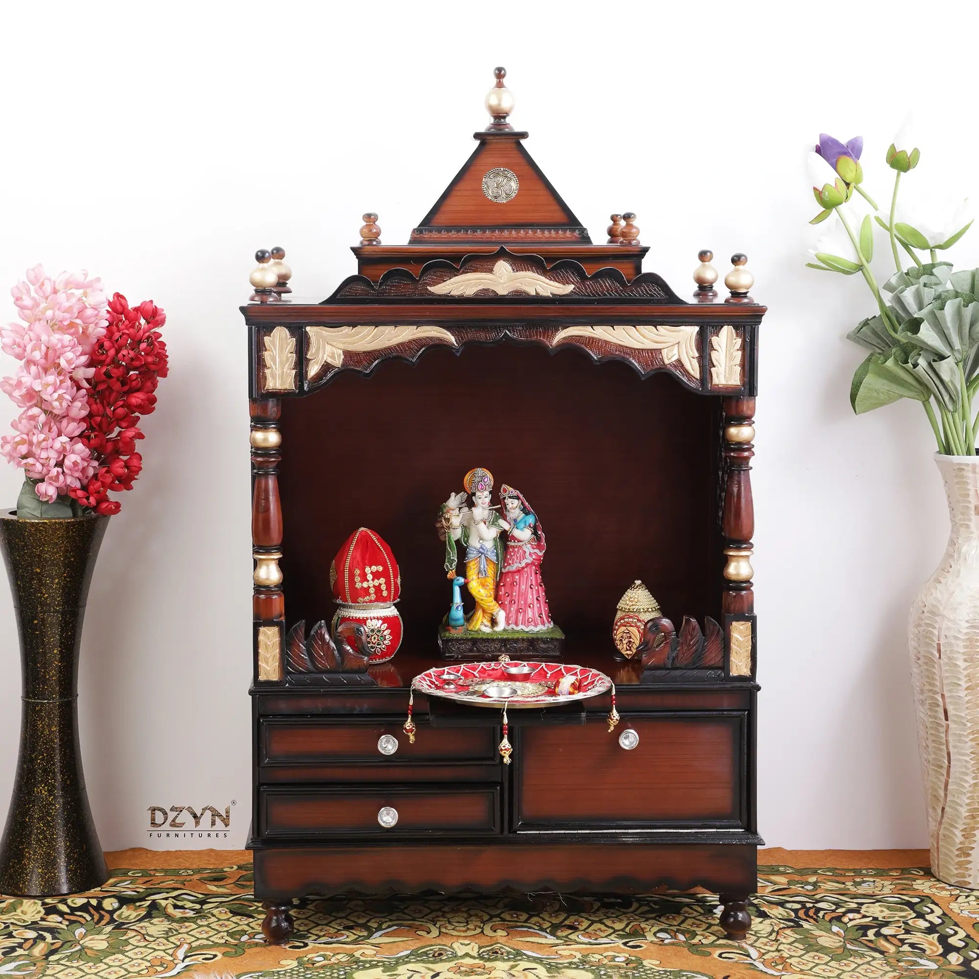Sacred Space Large Floor Rested Pooja Mandir without Door (Brown Gold)