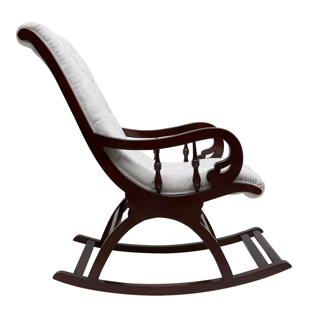 Touffy Fabric Upholstered Teak Wood Rocking Chair (Brown-Silver)
