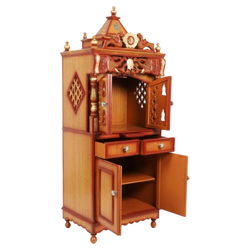 Kutustha Floor Rested Pooja Mandir/Wooden temple with doors for home in Teak Gold color 45° side view open drawers
