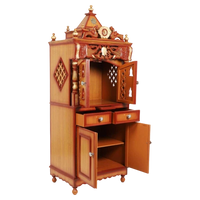 Kutustha Floor Rested Pooja Mandir/Wooden temple with doors for home in Teak Gold color 45° side view open drawers