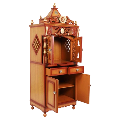 Kutustha Floor Rested Pooja Mandir/Wooden temple with doors for home in Teak Gold color 45° side view open drawers