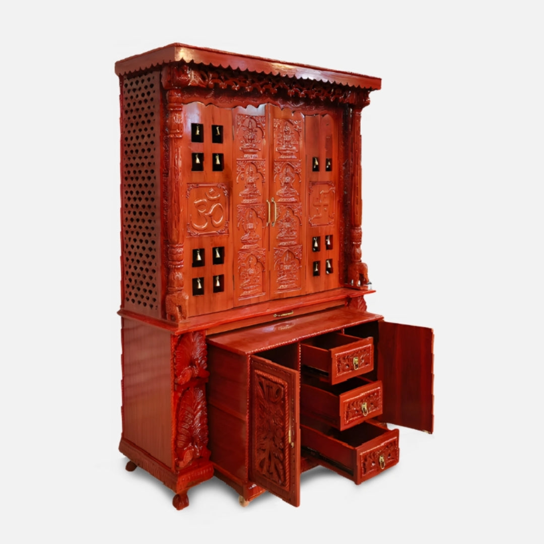 Kalash Kruti Teak Wood Mandap (Cherry) open  door view Side angle