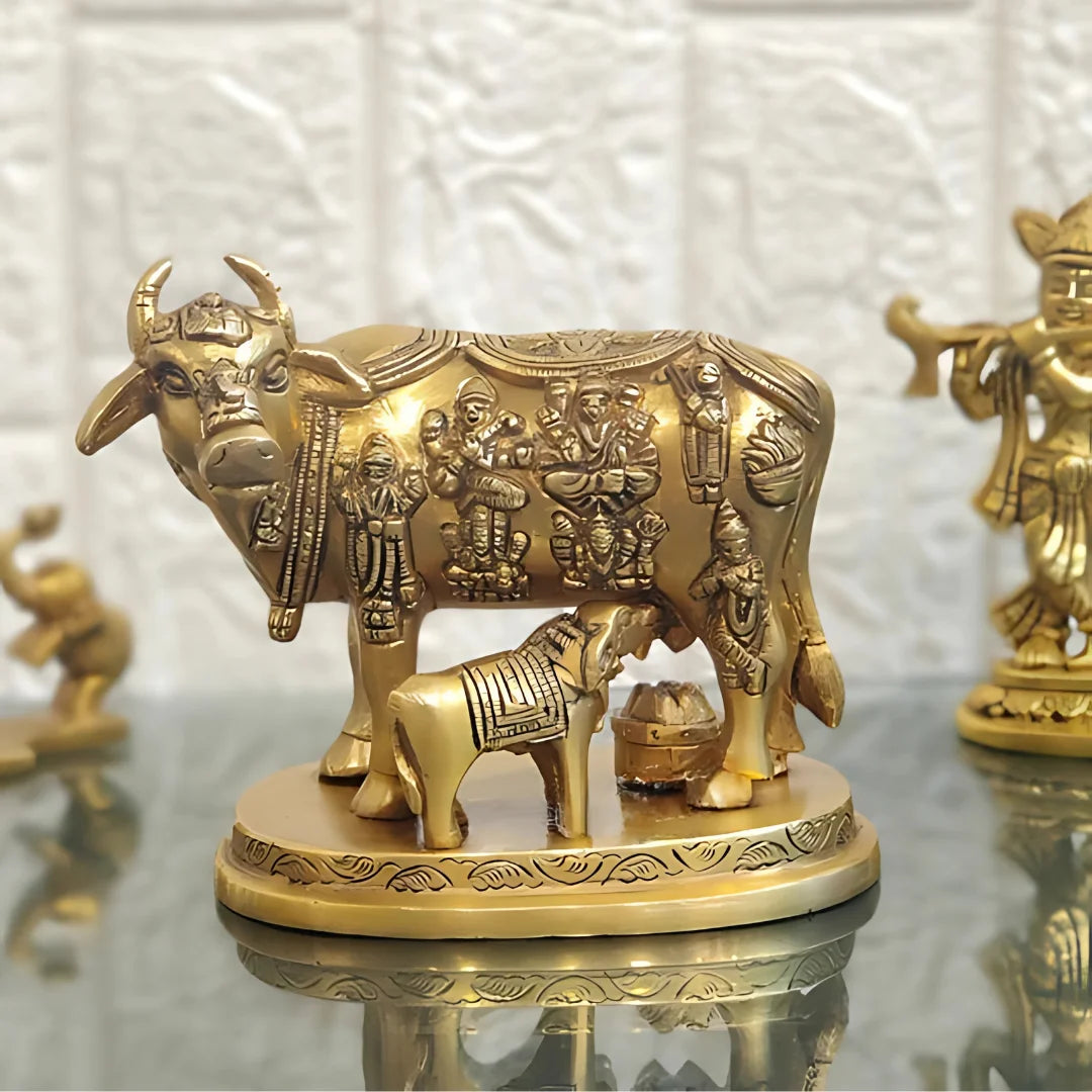 Kamadhenu Cow and Calf Brass Idol lifestyle view