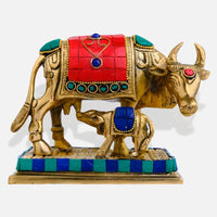 Kamdhenu Cow and Calf Brass Idol front view 