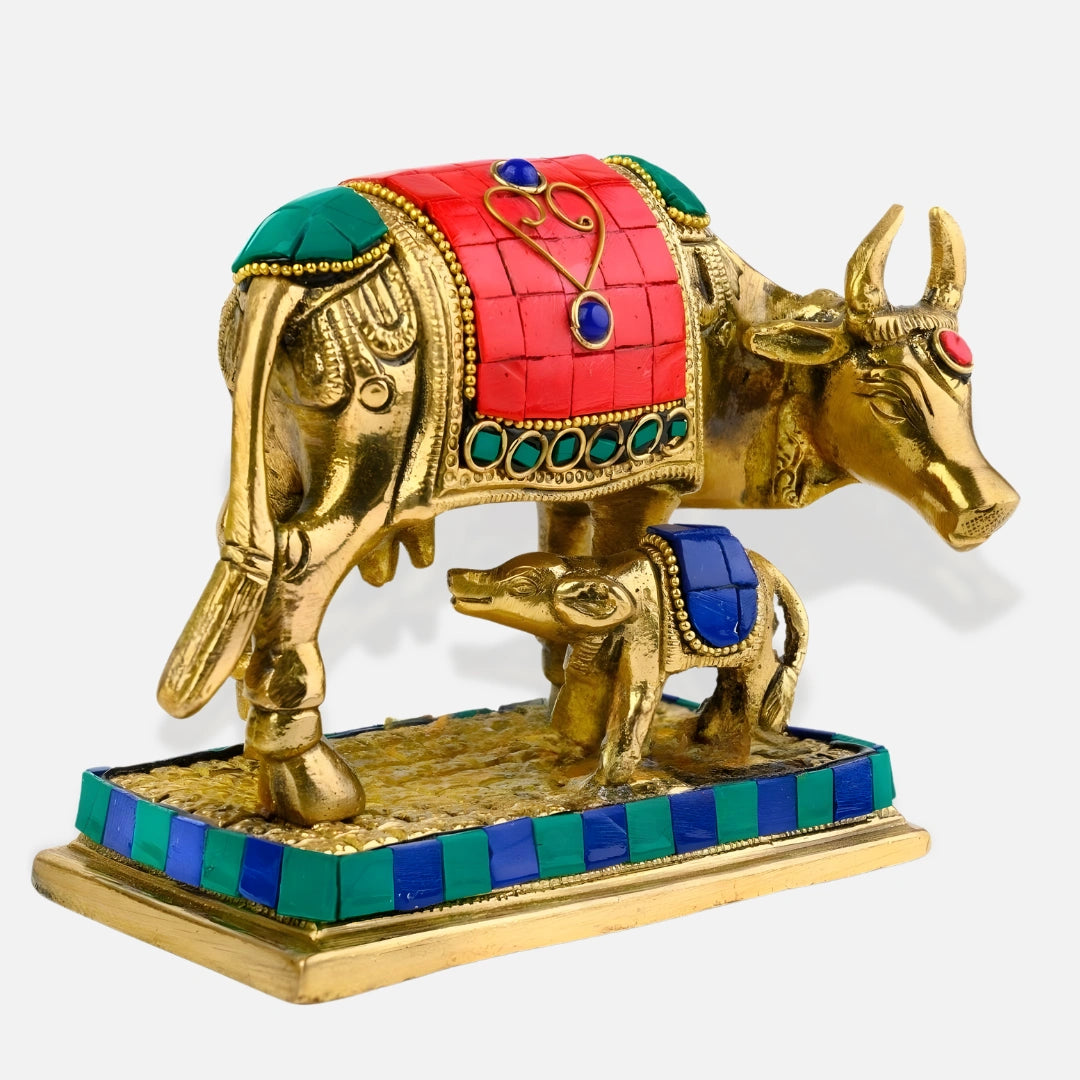 Kamdhenu Cow and Calf Brass Idol side angle 