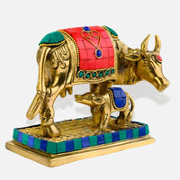 Kamdhenu Cow and Calf Brass Idol side angle 