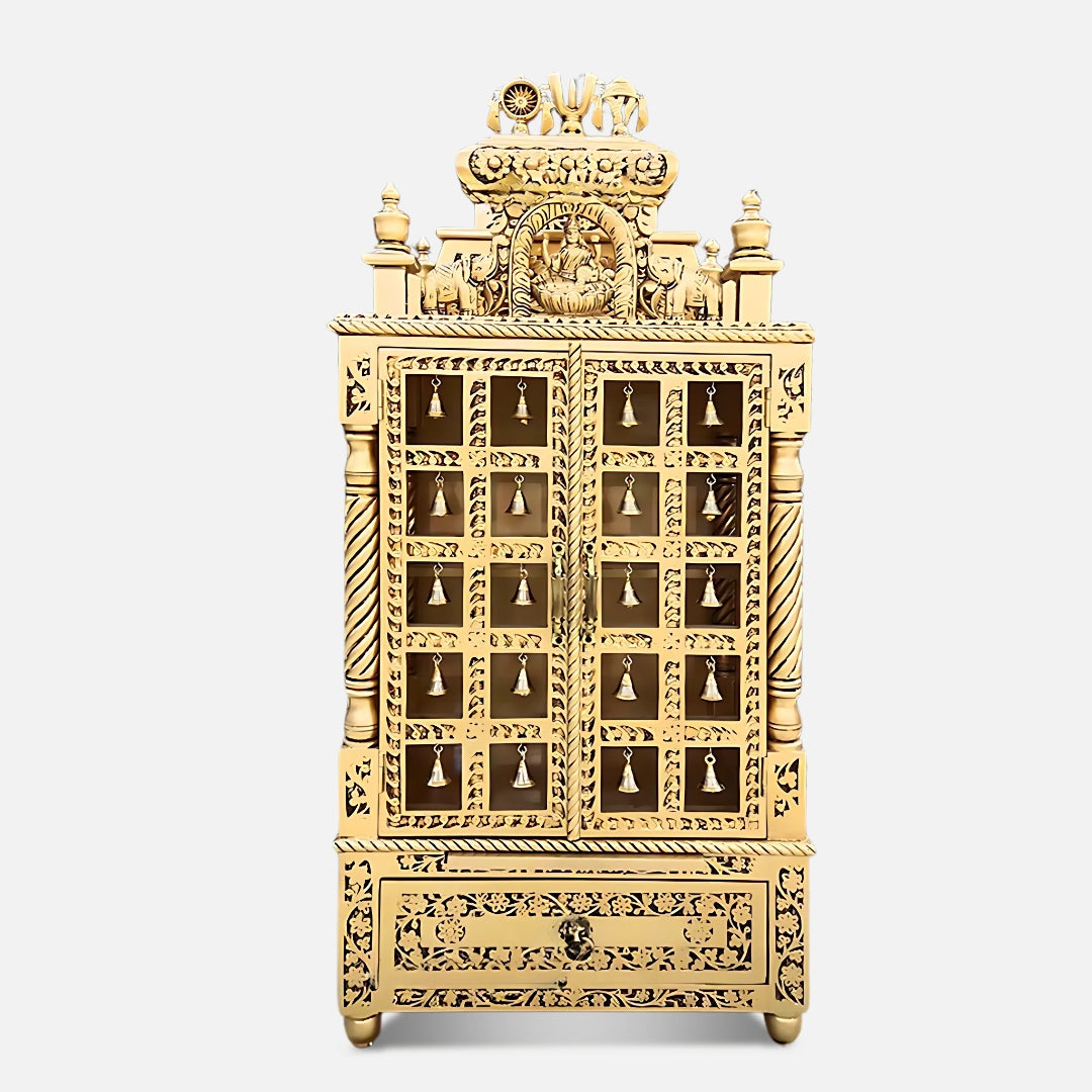 Karunesh Teak Wood Mandir Gold with Door