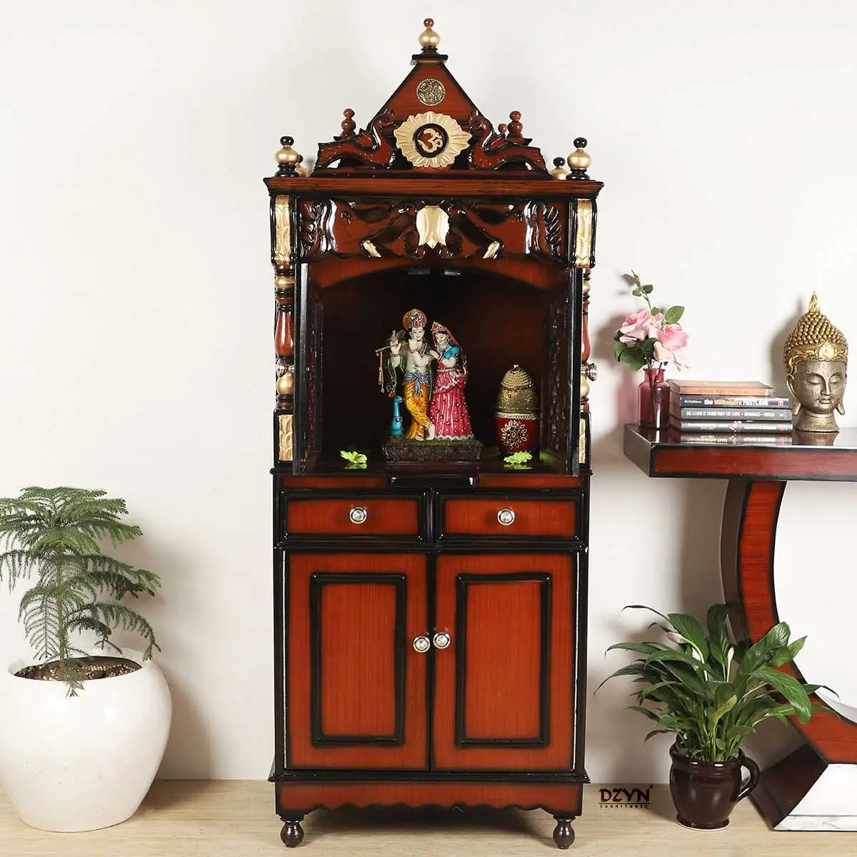 Kutustha Floor Rested Pooja Mandap with Door (Brown Gold) Lifestyle view