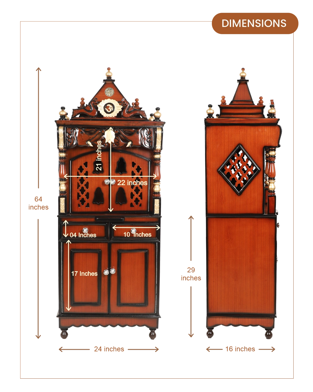 Kutustha Floor Rested Pooja Mandap with Door (Brown Gold) dimensions