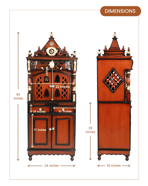 Kutustha Floor Rested Pooja Mandap with Door (Brown Gold) dimensions