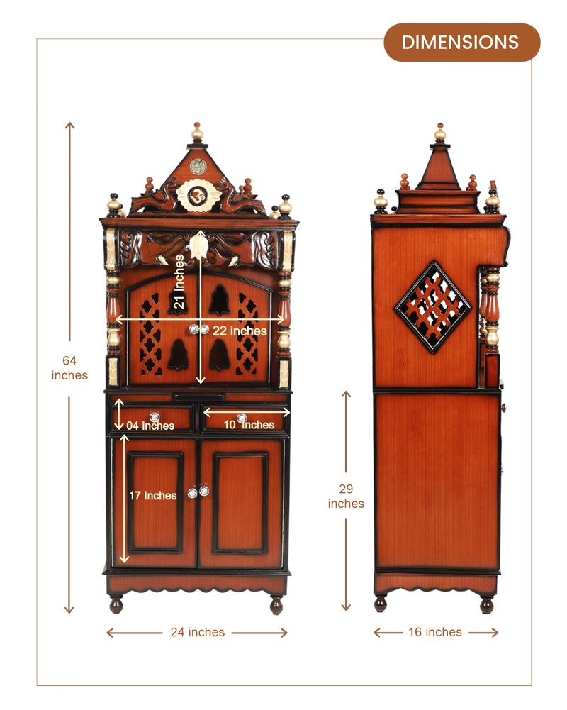 Kutustha Floor Rested Pooja Mandap with Door (Brown Gold) dimensions