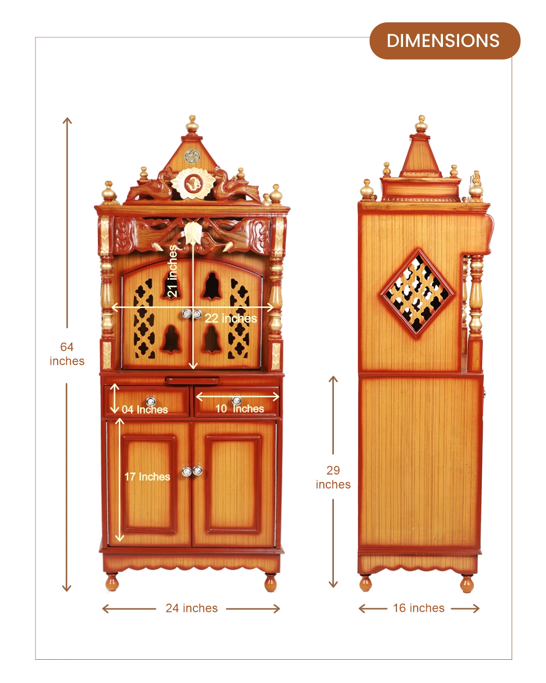Kutustha Floor Rested Pooja Mandap with Door (Teak Gold) dimensions