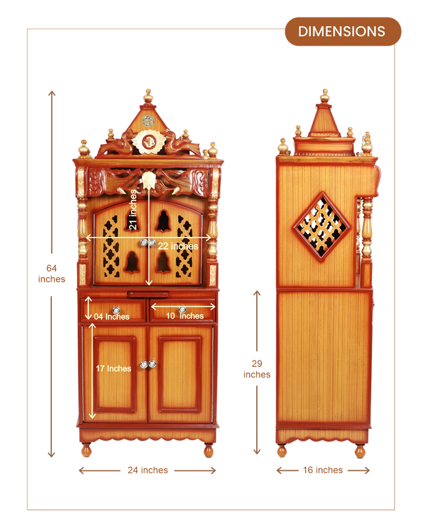 Kutustha Floor Rested Pooja Mandap with Door (Teak Gold) dimensions