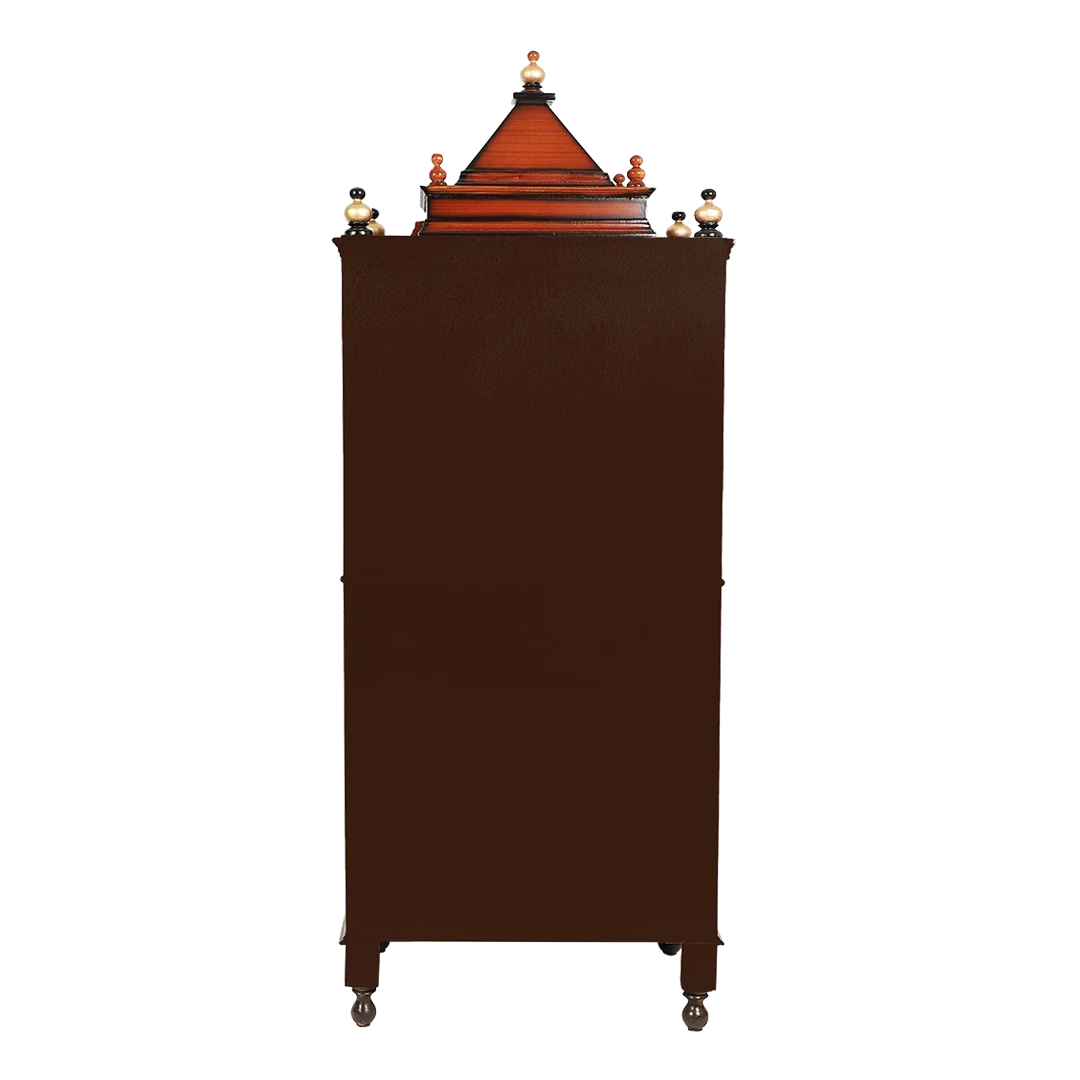 Kutustha Floor Rested Pooja Mandir/Wooden temple with doors for home in Brown Gold color back view