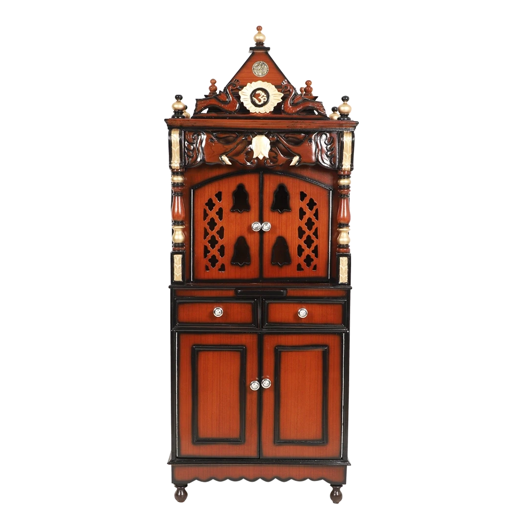 Kutustha Floor Rested Pooja Mandir/Wooden temple with doors for home in Brown Gold color front view