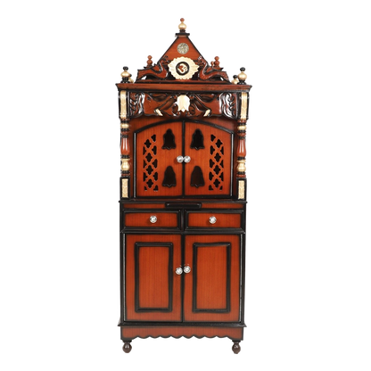 Kutustha Floor Rested Pooja Mandir/Wooden temple with doors for home in Brown Gold color front view