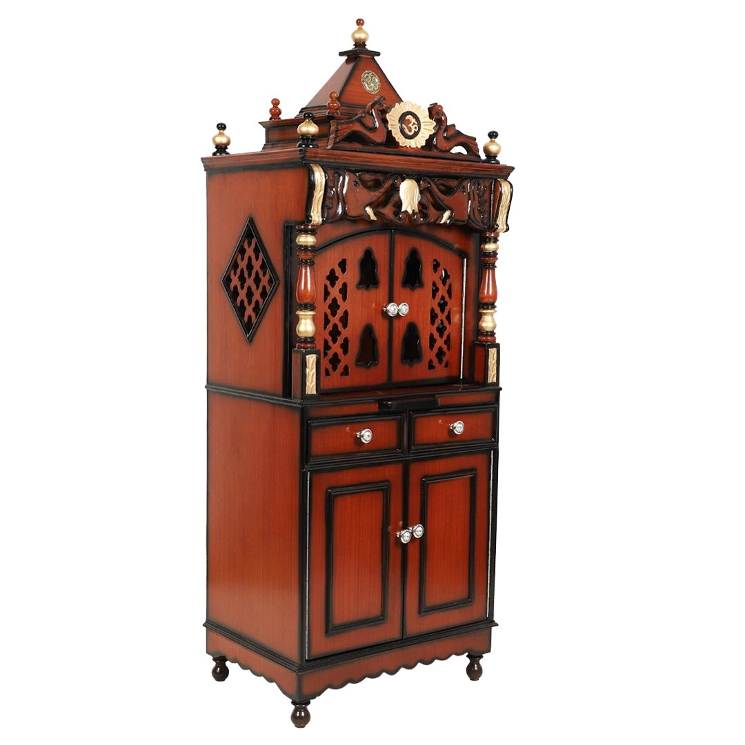 Kutustha Floor Rested Pooja Mandir/Wooden temple with doors for home in Brown Gold color 45° side view