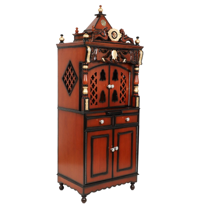Kutustha Floor Rested Pooja Mandir/Wooden temple with doors for home in Brown Gold color 45° side view
