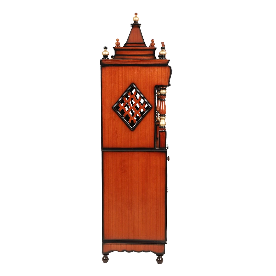Kutustha Floor Rested Pooja Mandir/Wooden temple with doors for home in Brown Gold color side view featuring jali design and Pillars