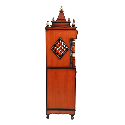 Kutustha Floor Rested Pooja Mandir/Wooden temple with doors for home in Brown Gold color side view featuring jali design and Pillars