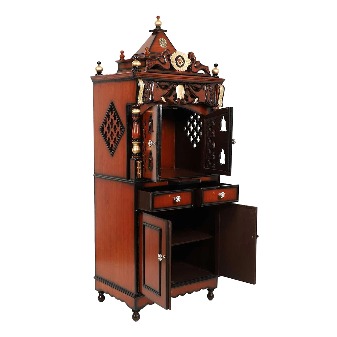 Kutustha Floor Rested Pooja Mandir/Wooden temple with doors for home in Brown Gold color 45° side view open drawers