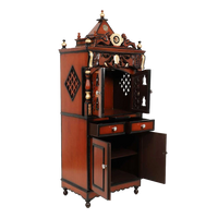 Kutustha Floor Rested Pooja Mandir/Wooden temple with doors for home in Brown Gold color 45° side view open drawers